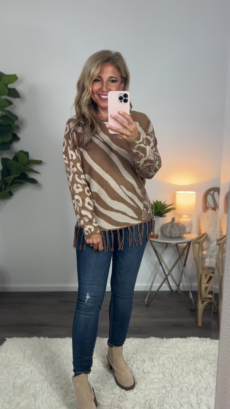 Carefree Days Animal Print Fringe Sweater : Brown/Cream