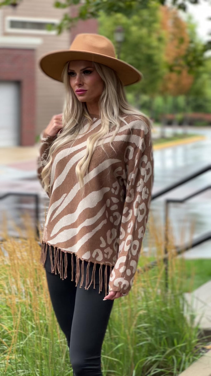Carefree Days Animal Print Fringe Sweater : Brown/Cream
