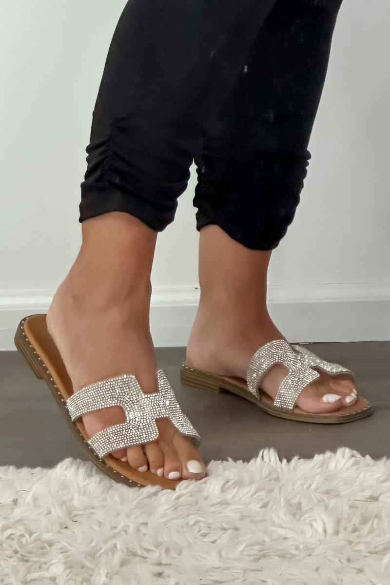 Double Strap Rhinestone Slide Sandals | Lavish Online Boutique