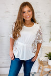 Slowly Falling Mixed Contrast Puff Sleeve Top : Ivory/Sage/Mix