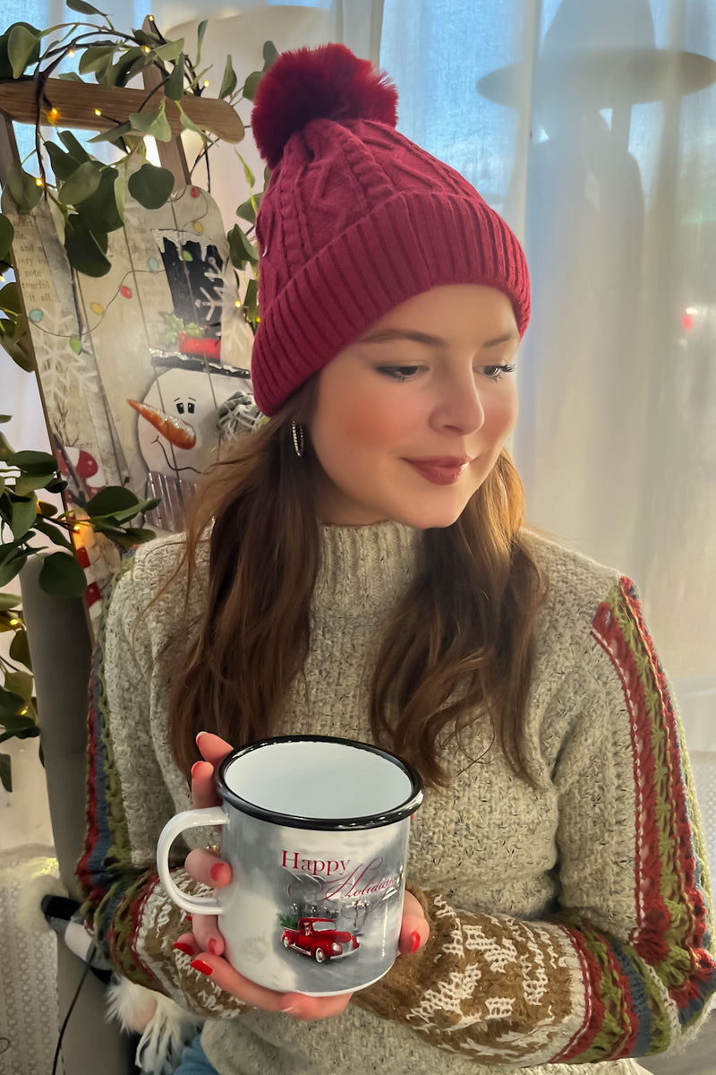 Snowy Alpine Fuzzy Lined Pom Beanie : Burgundy