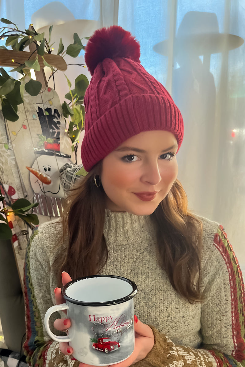 Snowy Alpine Fuzzy Lined Pom Beanie : Burgundy