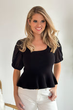 Novel Romance Sheer Sleeve Knit Peplum Top : Black