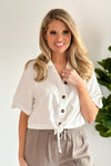 Safari Sights Tie Waist Button Down Top : White