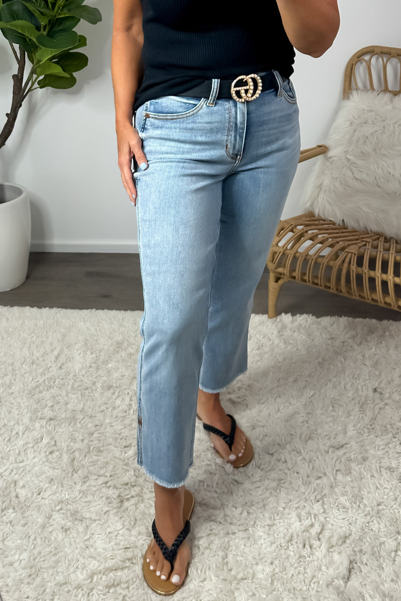 Judy Blue Mia Mid Rise Side Slit Crop Jean : Light Wash