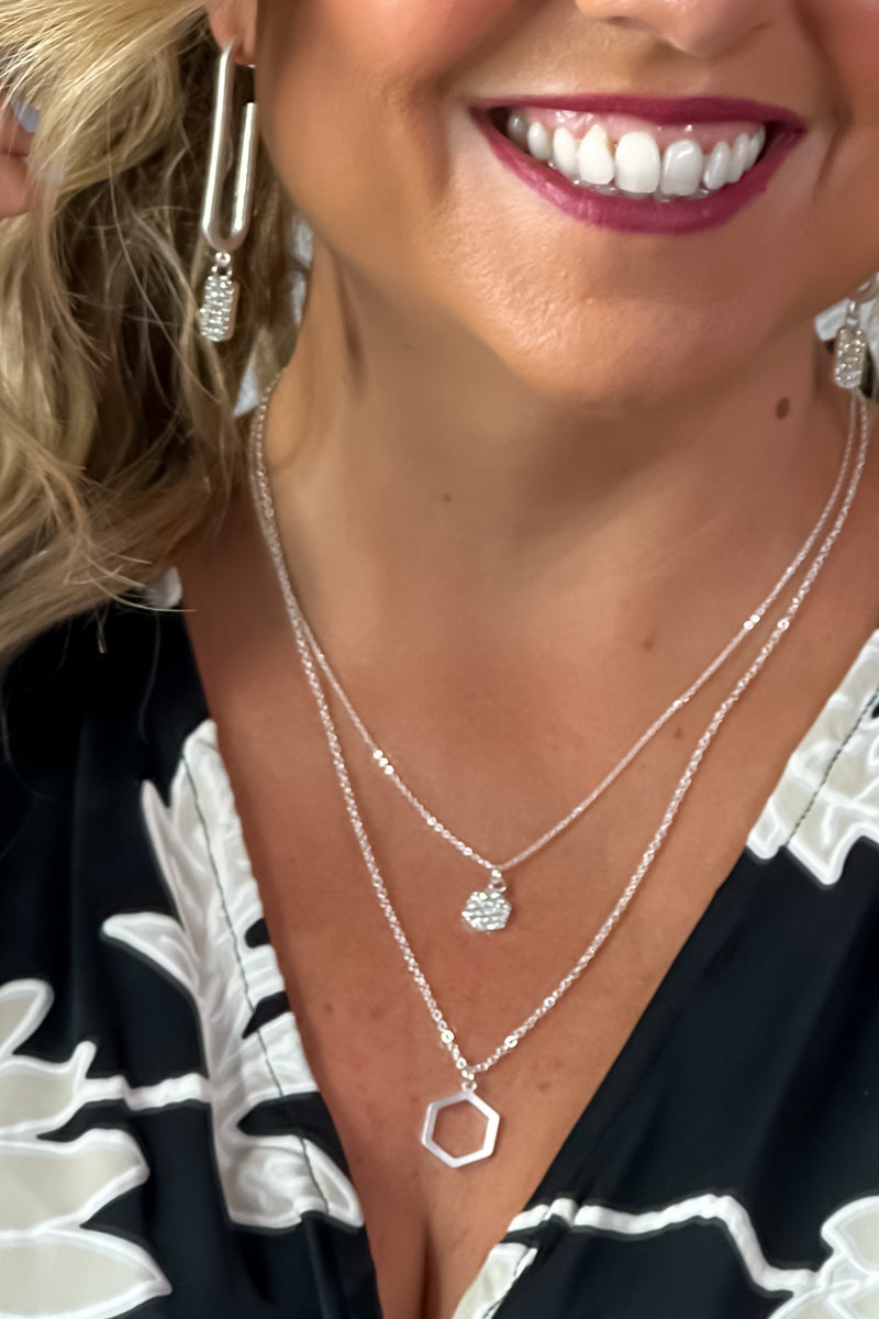 Kendra Double Chain Rhinestone Geo Necklace : Silver