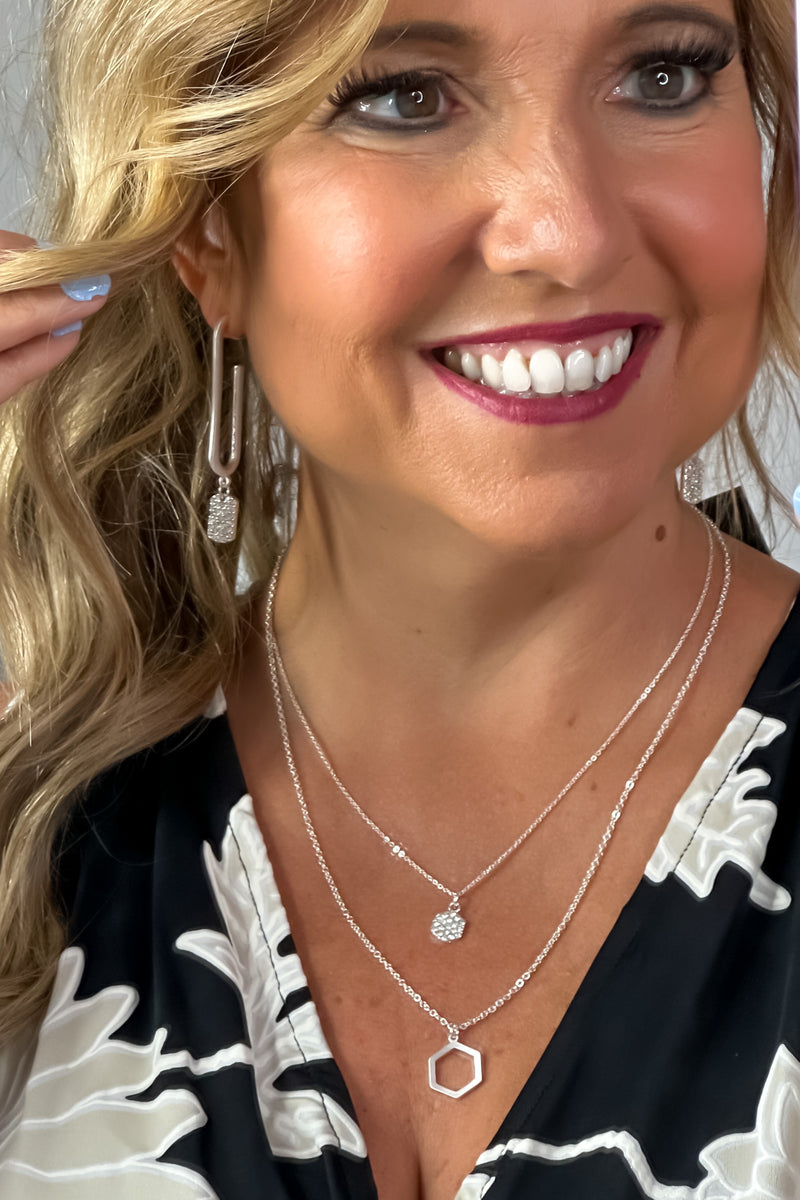 Kendra Double Chain Rhinestone Geo Necklace : Silver