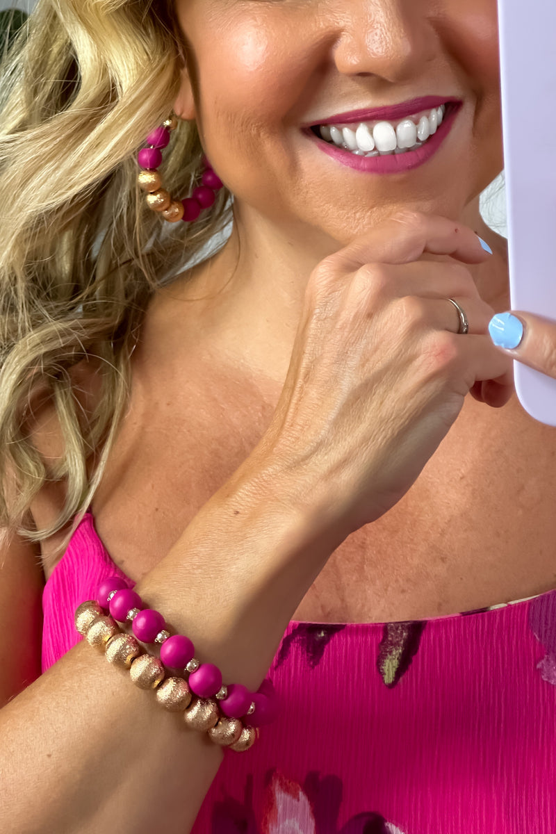 Becca Gold Beaded & Colored Wood Bracelet Set : Hot Pink/Gold
