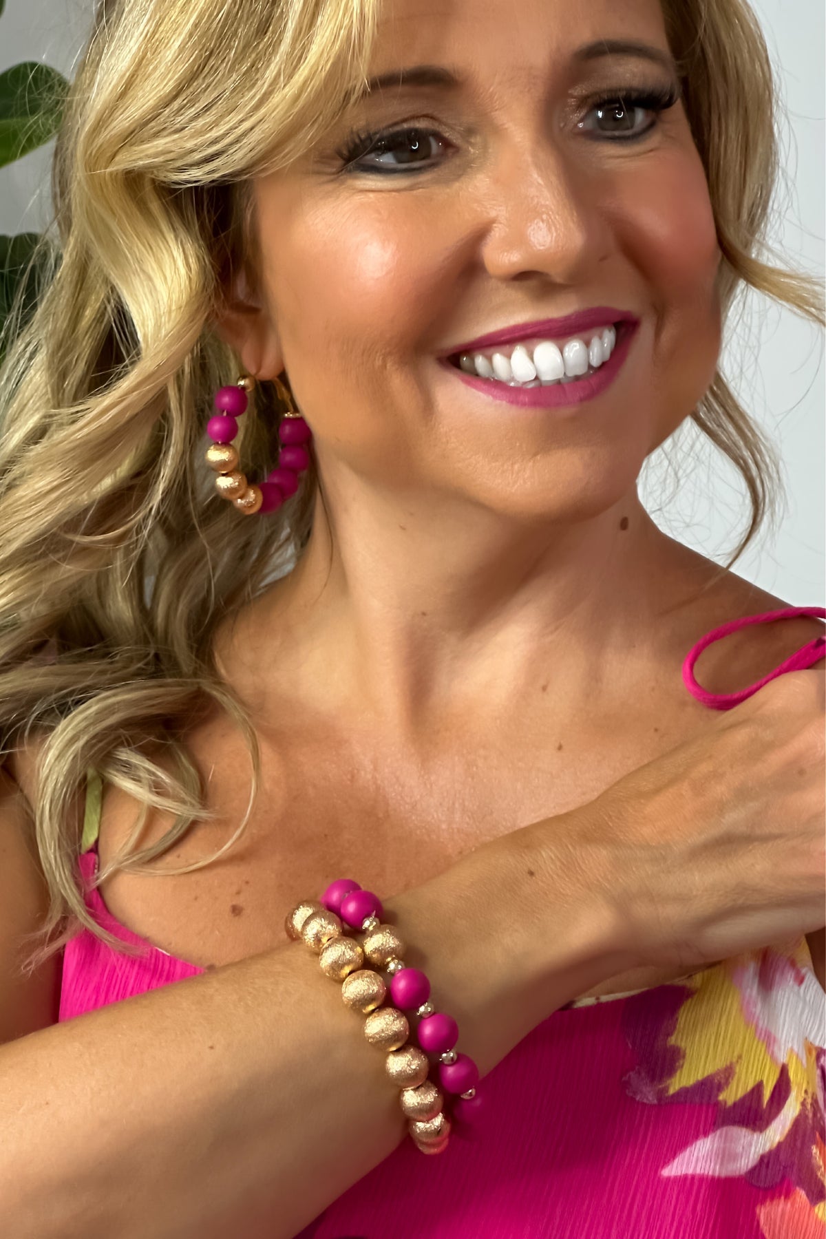 Becca Gold Beaded & Colored Wood Bracelet Set : Hot Pink/Gold