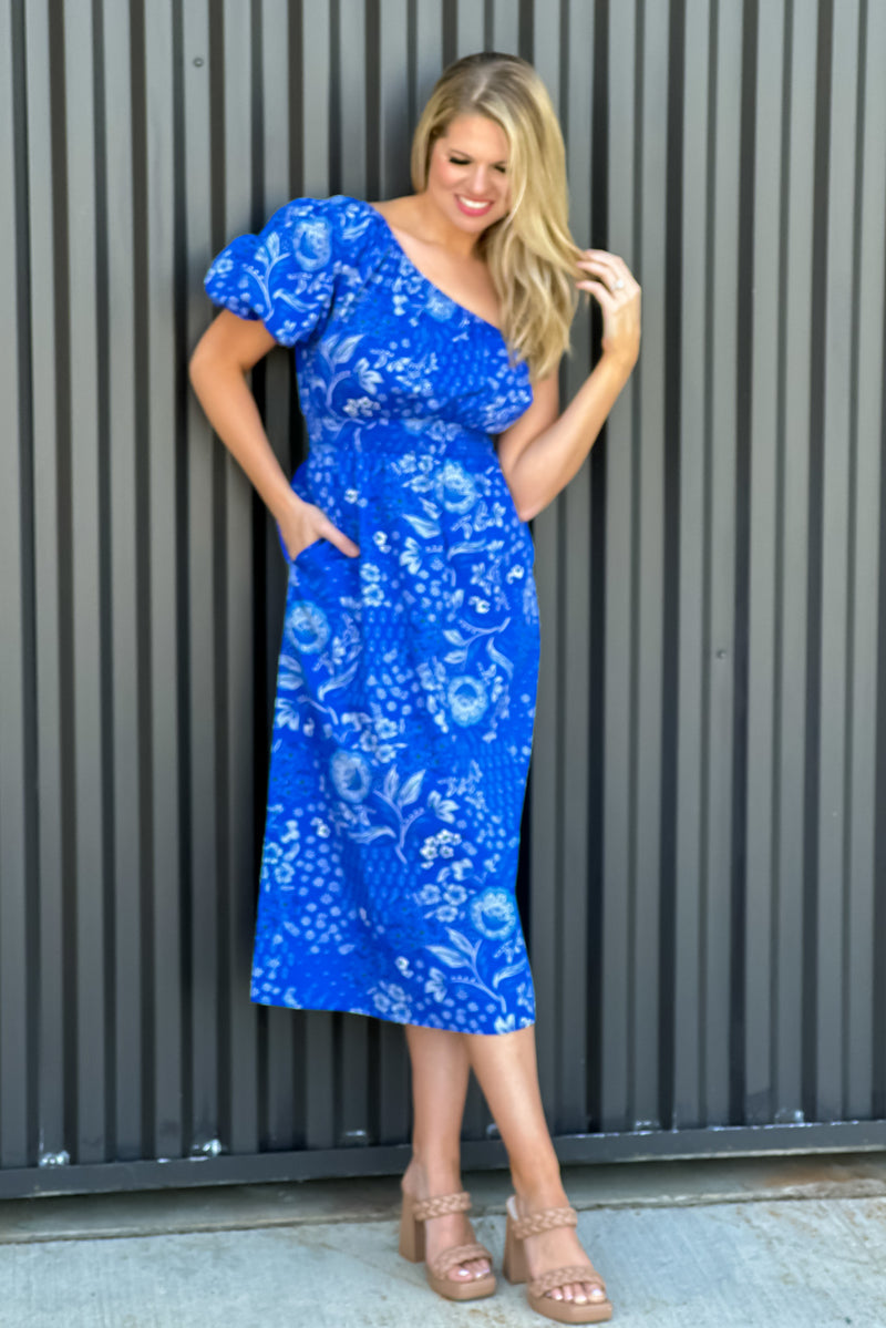 Bridgette One Shoulder Midi Dress : Blue