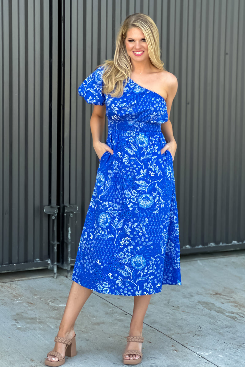 Bridgette One Shoulder Midi Dress : Blue