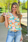 Radiating Blooms Double Ruffle Sleeved Top : Orange/Floral