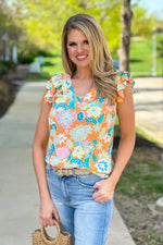 Radiating Blooms Double Ruffle Sleeved Top : Orange/Floral