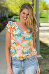 Radiating Blooms Double Ruffle Sleeved Top : Orange/Floral