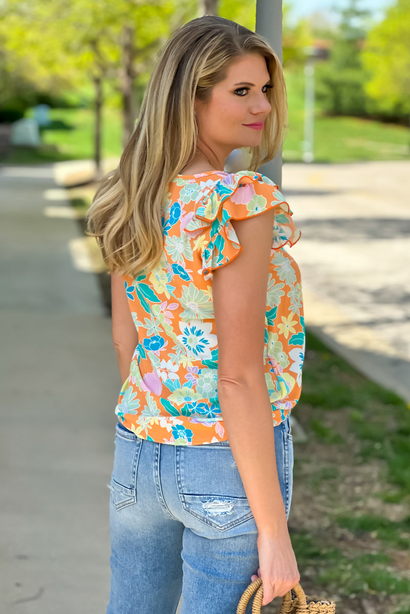 Radiating Blooms Double Ruffle Sleeved Top : Orange/Floral