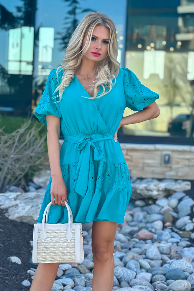 Blissful Joy Lace Puff Sleeve Tiered Mini Dress : Teal