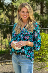 Bloom With Me V-Neck Shift Blouse : Black/Aqua