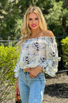 Day Of Roses Ruffle Sleeve Off Shoulder Blouse : Cream/Black