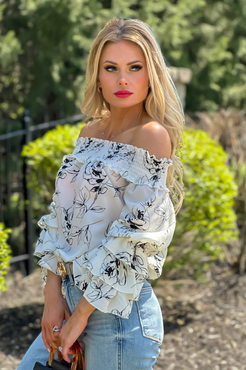 Day Of Roses Ruffle Sleeve Off Shoulder Blouse : Cream/Black