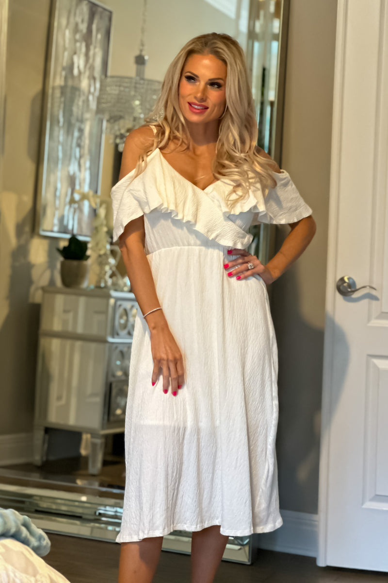 Come My Way Cold Shoulder Ruffled Midi Dress : Ivory