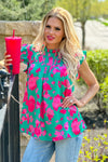 Looks Good On You Shirred Yoke Floral Top : Jade/Fuchsia