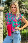Looks Good On You Shirred Yoke Floral Top : Jade/Fuchsia