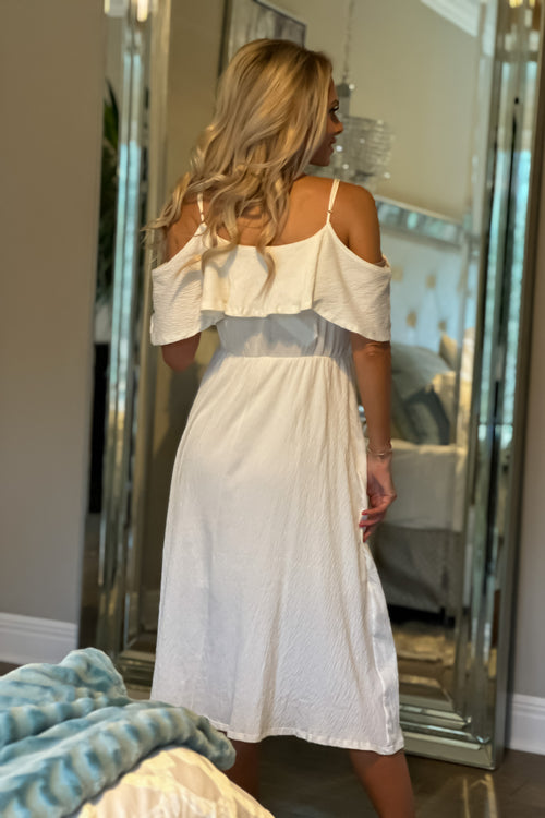 Come My Way Cold Shoulder Ruffled Midi Dress : Ivory