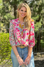 Hopeful Dreamer Button Front Ruffle Blouse : Pink/Floral