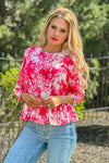 Let's Brunch Ruffle Peplum Floral Blouse : Hot Pink/Ivory