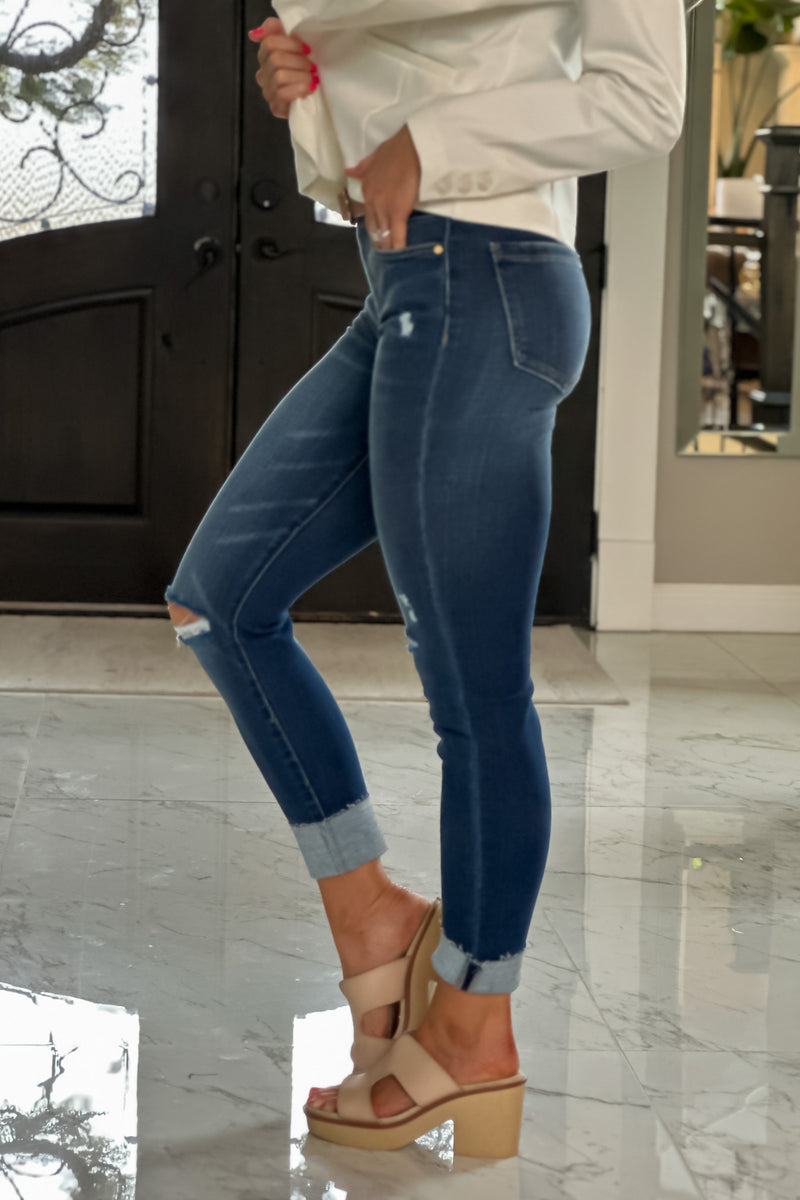 Liverpool Fanning Gia Glider Distressed Crop Cuffed Jean : Dark Wash