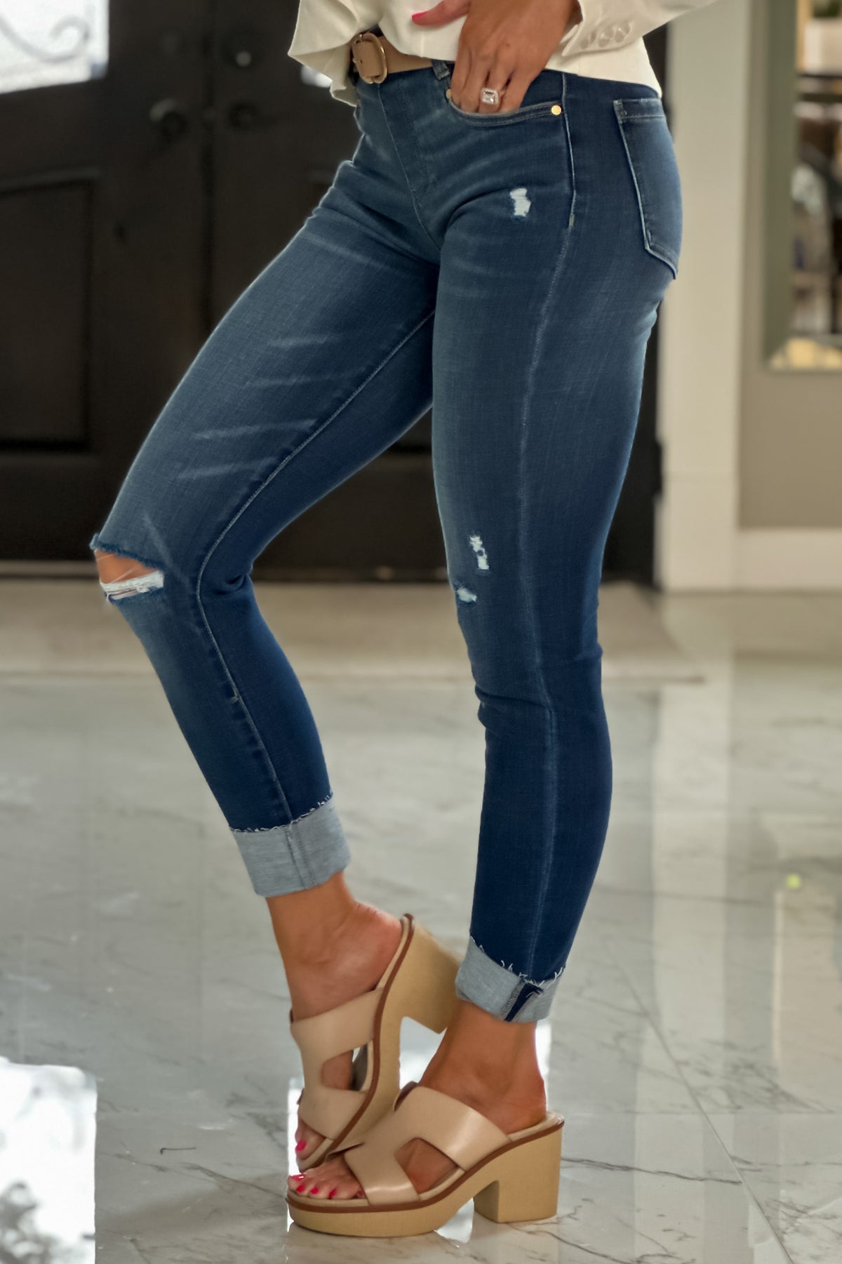 Liverpool Fanning Gia Glider Distressed Crop Cuffed Jean : Dark Wash