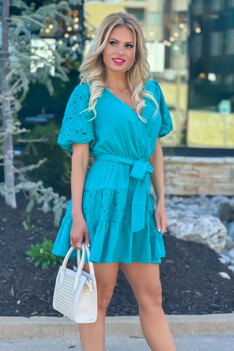 Blissful Joy Lace Puff Sleeve Tiered Mini Dress : Teal