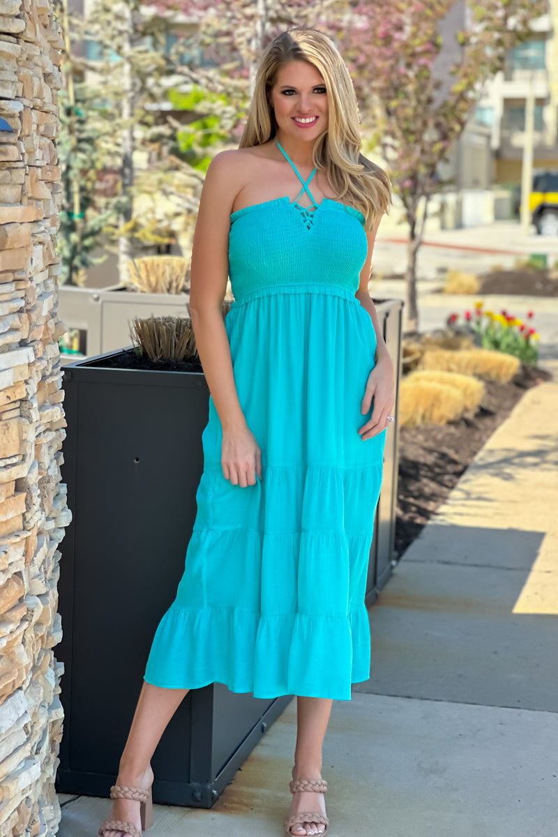 Beach Day Love Strapless Tiered Dress : Aqua