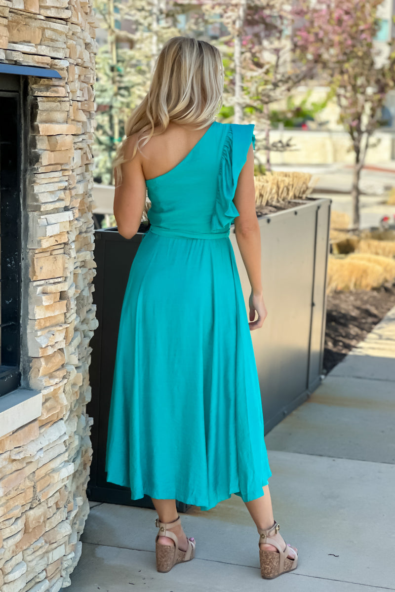 Season Of Love One Shoulder Ruffle Sleeve Midi Dress : Turquoise