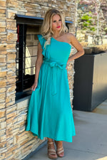Season Of Love One Shoulder Ruffle Sleeve Midi Dress : Turquoise