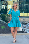 Blissful Joy Lace Puff Sleeve Tiered Mini Dress : Teal