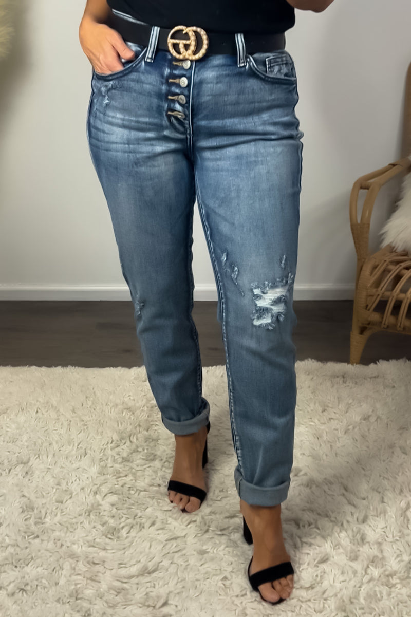 Judy Blue Sasha Mid Rise Distressed Button Fly Jean : Dark/Distressed