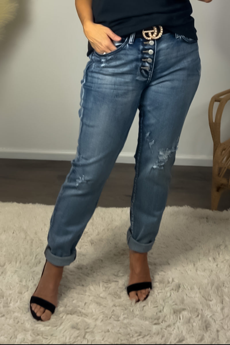 Judy Blue Sasha Mid Rise Distressed Button Fly Jean : Dark/Distressed