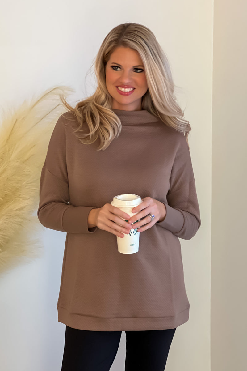 Tribal Funnel Neck Ribbed Knit Tunic : Tan