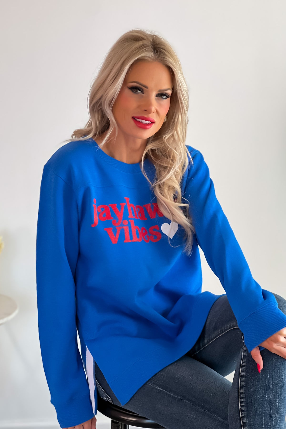 Jayhawk Vibes Side Slit Tunic Sweatshirt : Royal/Red