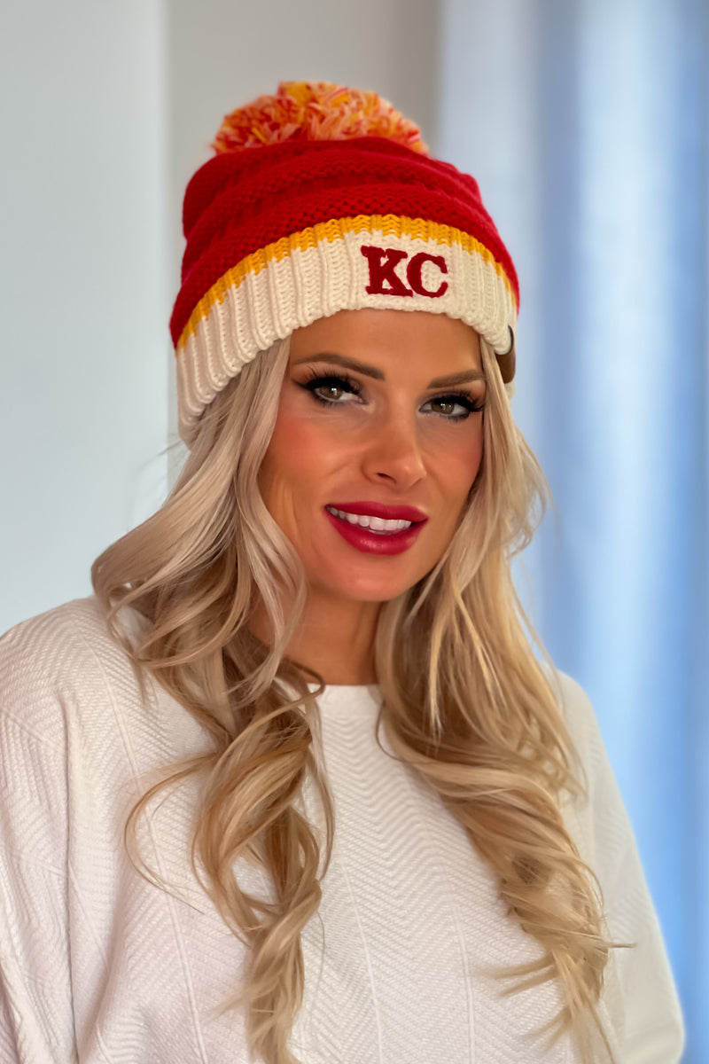 KC CC Pom Beanie : Red/Yellow