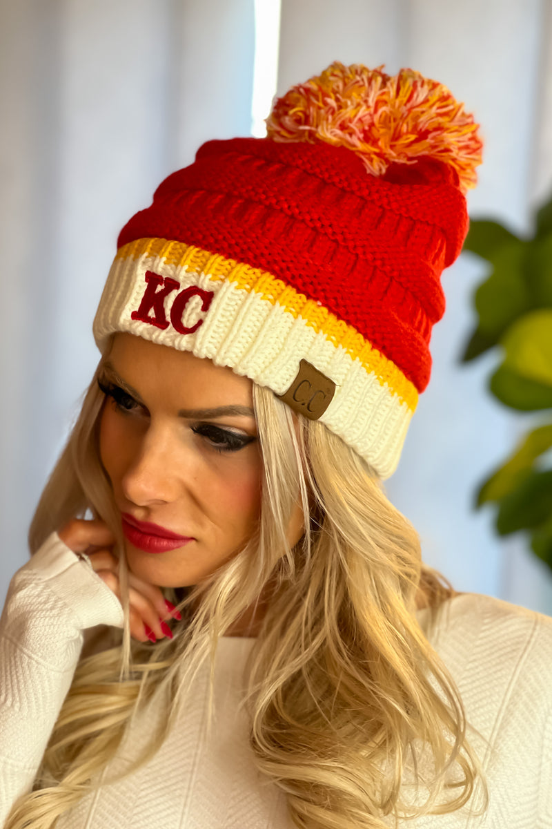 KC CC Pom Beanie : Red/Yellow