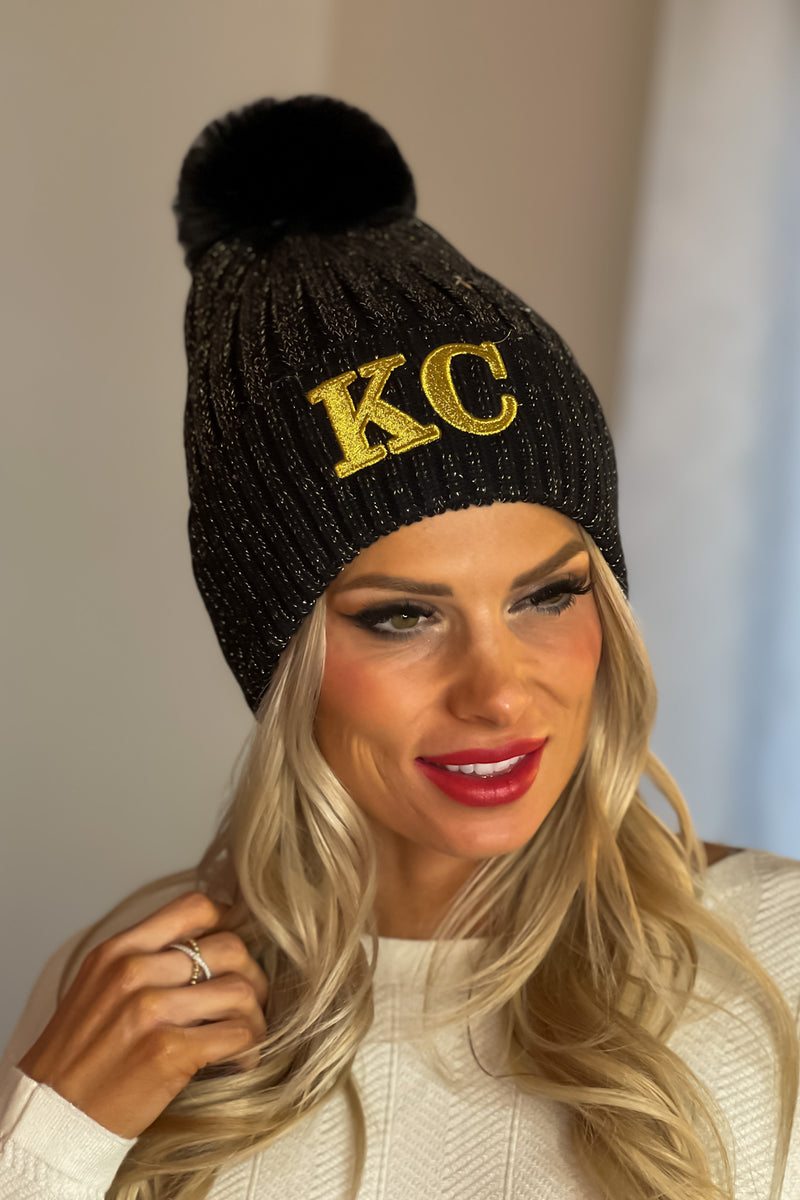 KC Pom Sparkly Beanie : Black & Gold