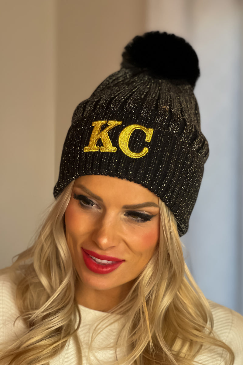 KC Pom Sparkly Beanie : Black & Gold