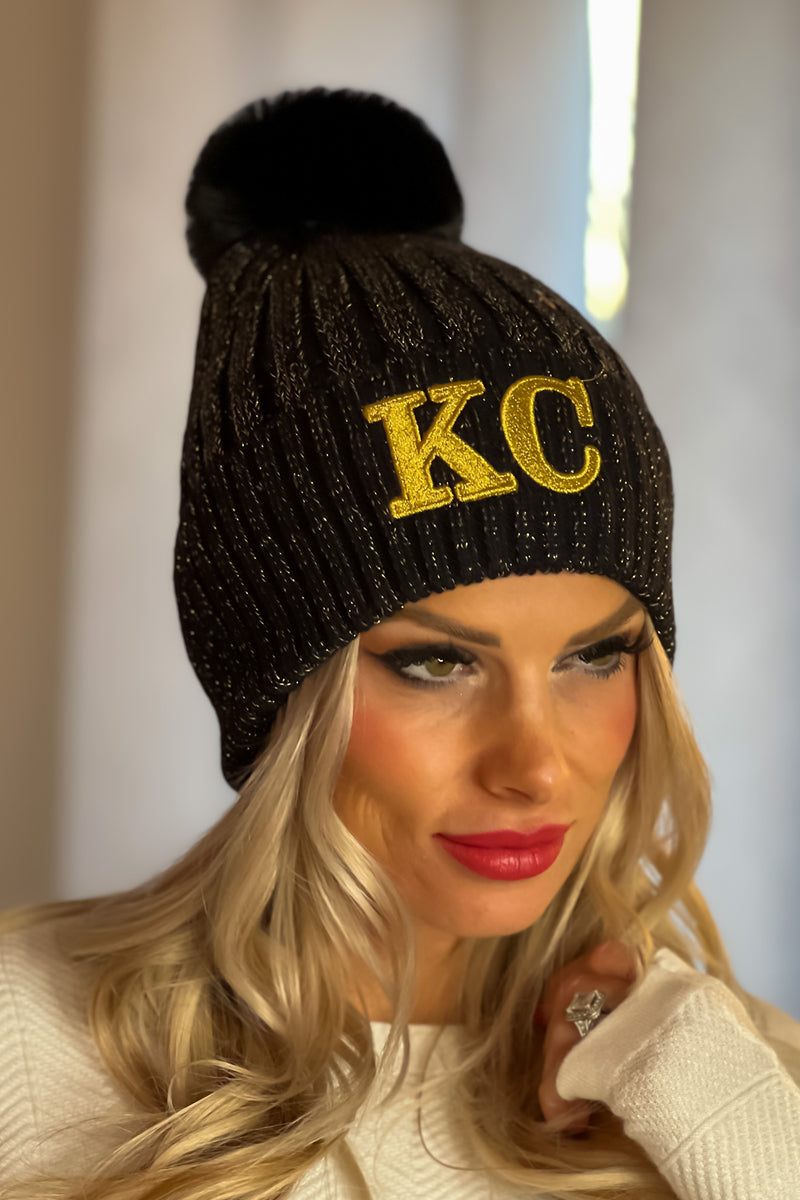 KC Pom Sparkly Beanie : Black & Gold