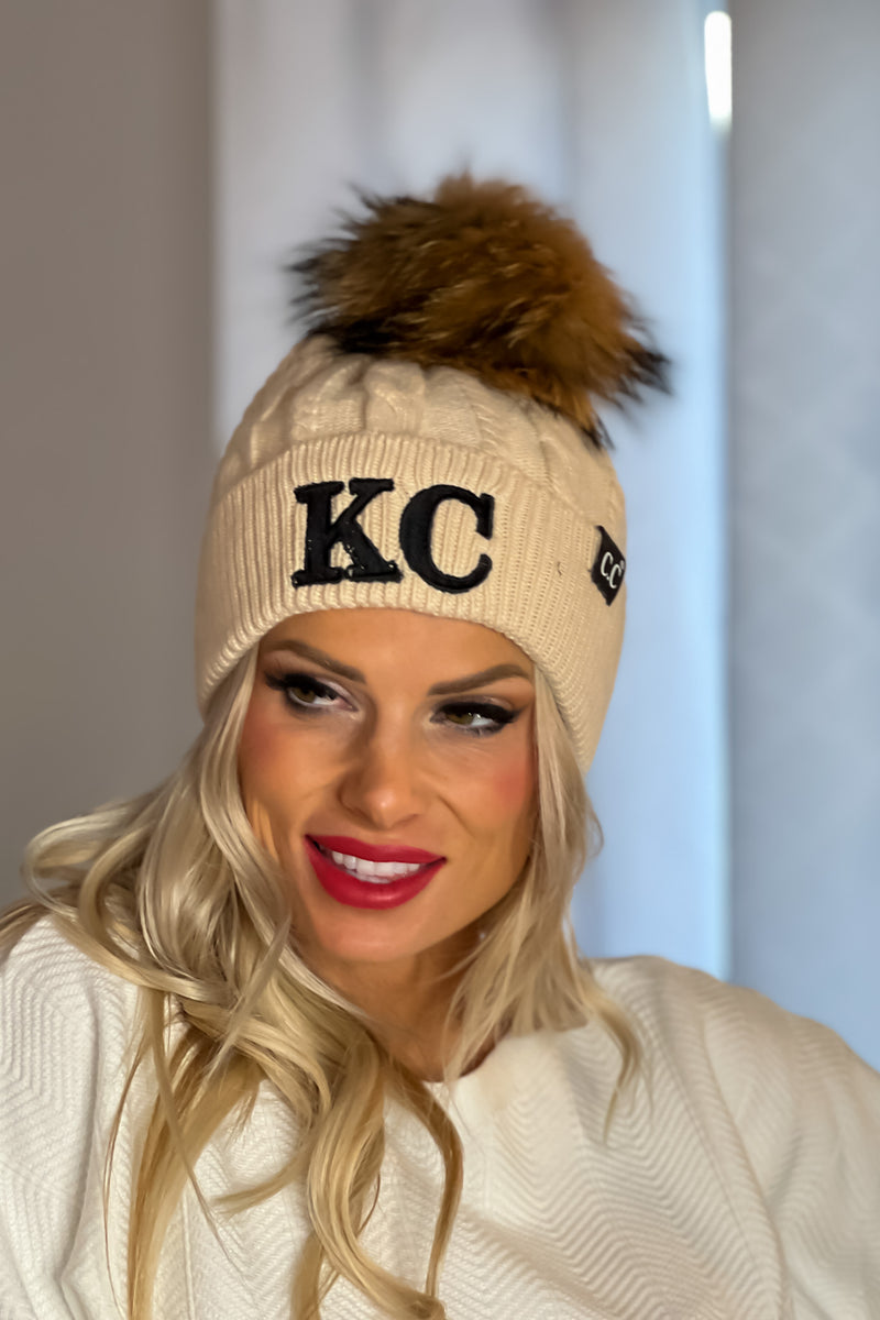 KC C.C Black Label Pom Beanie : Taupe & Black
