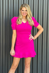 Splendid Delight Ruched Puff Sleeve Ruffle Dress : Fuchsia