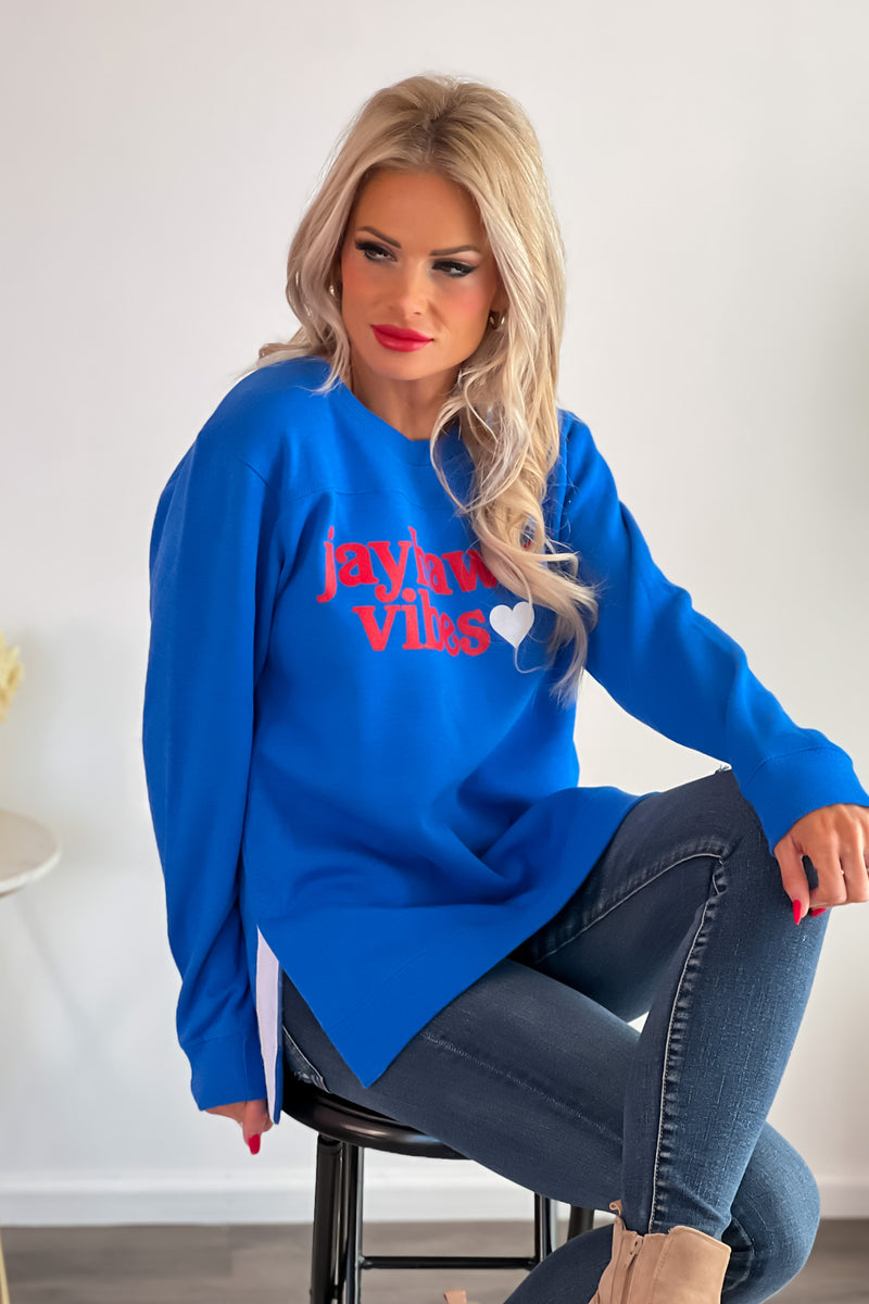 Jayhawk Vibes Side Slit Tunic Sweatshirt : Royal/Red