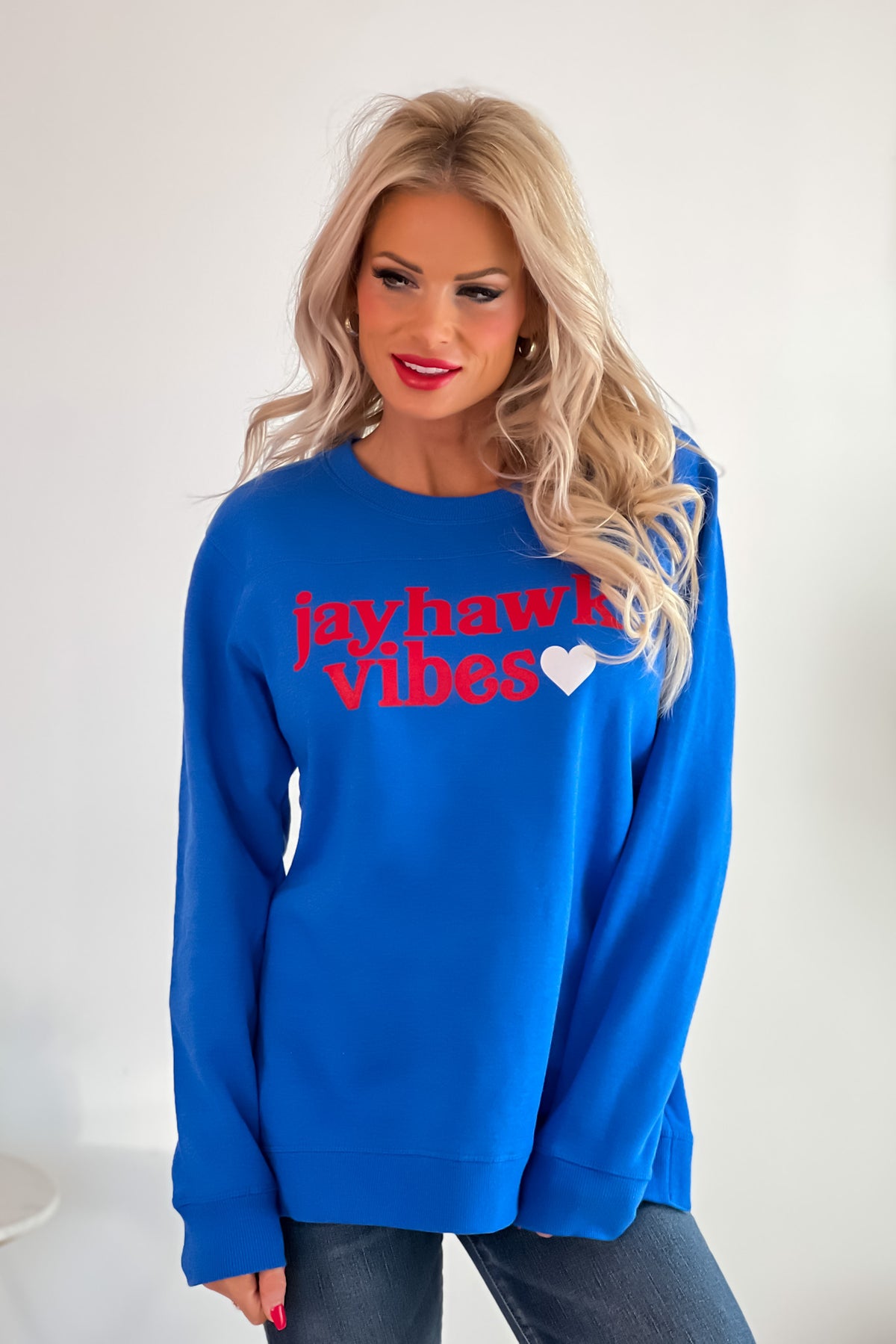 Jayhawk Vibes Side Slit Tunic Sweatshirt : Royal/Red