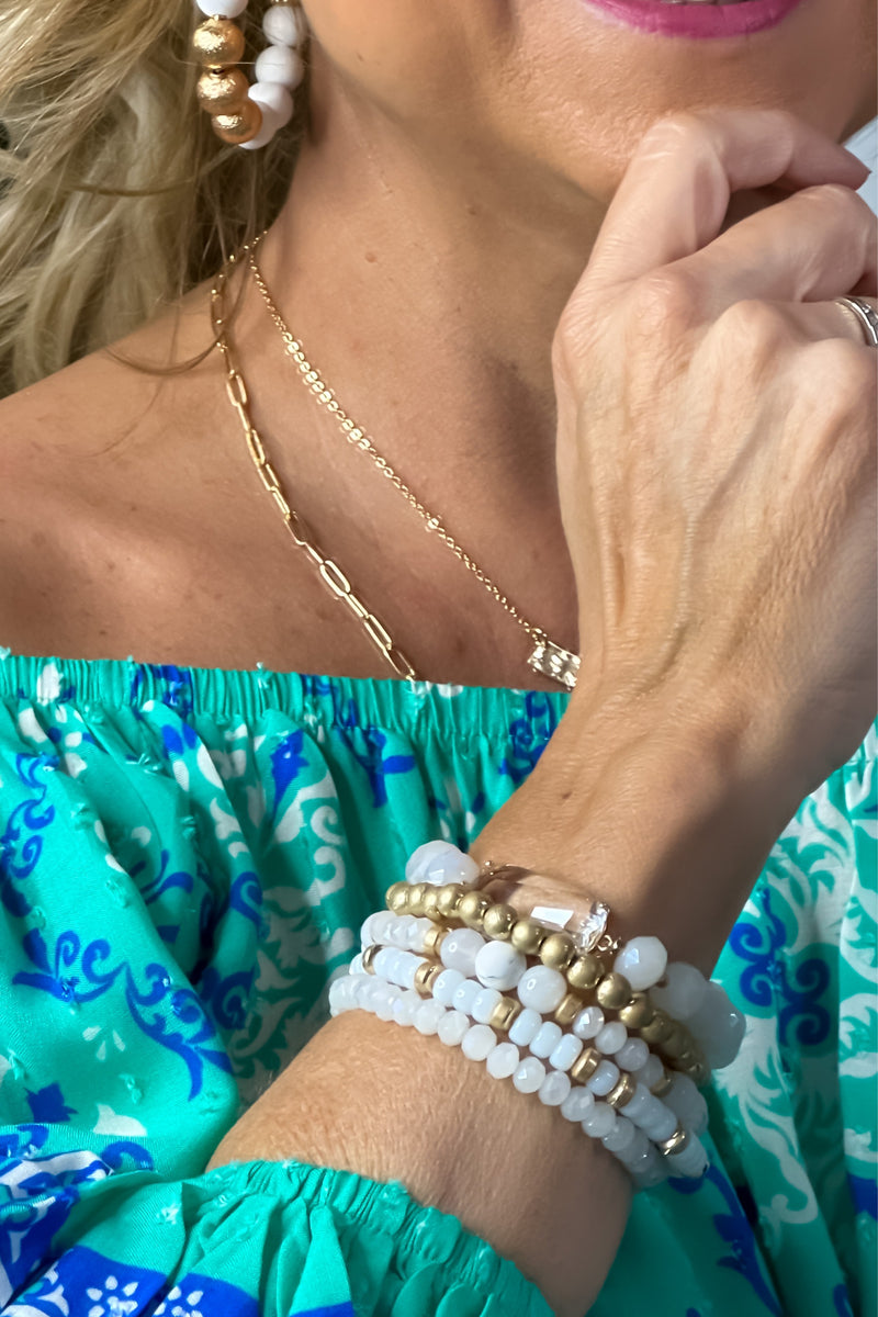 Sheena Crystal & Gold Set Of 5 Bracelets : White/Gold